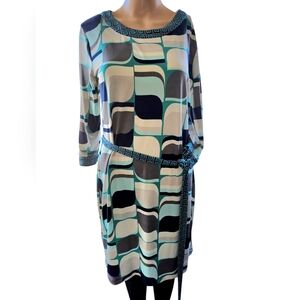 Geometric Print Long-Sleeve Sheath Dress in Teal and Black